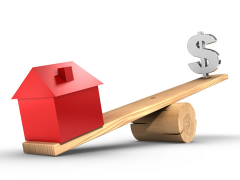 Illustration of a see=saw. On one side, a house weighs down the lighter dollar sign.