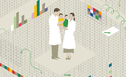 Illustration of adults (parents) wearing labcoats and holding infants.