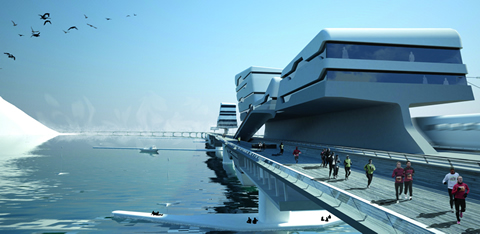 Architectural rendering of an arctic bridge structure.: the Bering Strait Ice Link.