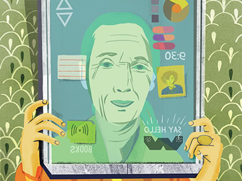 Illustration of an older person reading using a digital device.