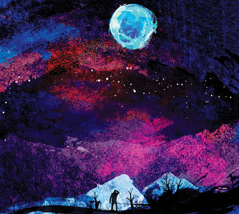 Illustration of a vivid night sky: a planet at the top with a figure in silhouette small at the centre.