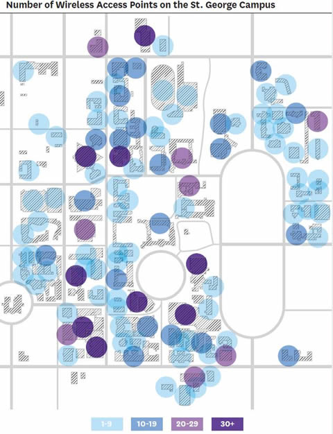 Map showing how wifi signals will be distributed across U of T campus.