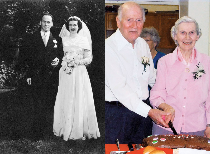 Collage of two photos of George and Barbara Rooke: the left photo, in black and white, shows the couple on their wedding day; the right photo is a current one of them cutting a cake together