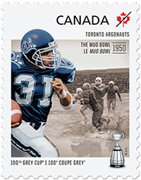 Image of a stamp showing a football player to commemorate the Mud Bowl, CFL