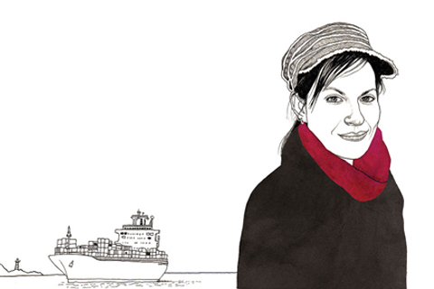 Illustration of Deborah Cowen with a ship in water beside her