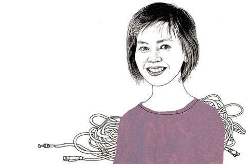 Illustration of Joyce Poon with cables in the background