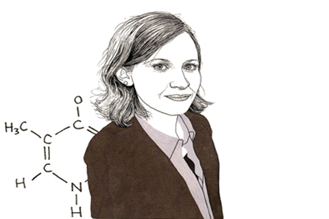 Illustration of Julie Claycomb with a molecular compound chain in the background