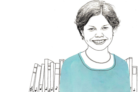 Illustration of Katherine Larson with music books in the background