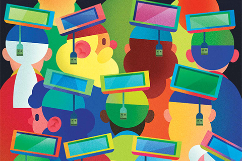 Illustration of mobile devices and charging cables as square academic convocation hats.