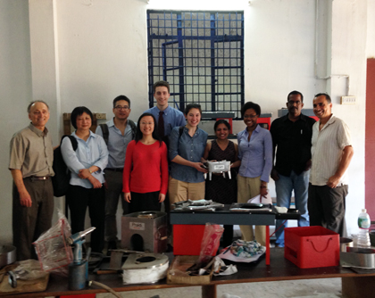 From left to right: Prof. Stan Zlotkin, Prof. Yu-Ling Cheng, Prof. Joseph Wong, Mimi Liu, Hayden Rodenkirchen, Kay Dyson Tam, Poornima Vinoo, Tameka Deare, Anandan Sundarmurthy (Prakti Manufacturing Director), and Dr. Mouhsine Serrar (Prakti Founder and CEO) at Prakti’s clean cook stove factory in Chennai, South India.