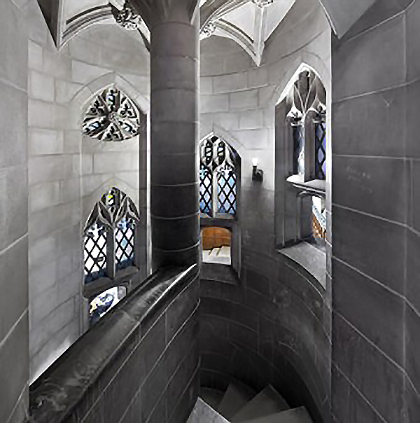 Black and white photo of staircase in the Great Hall with the middle window in colour