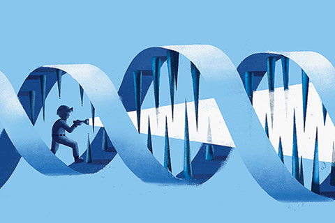 Illustration of a figure with a flashlight walking through a double helix DNA structure.