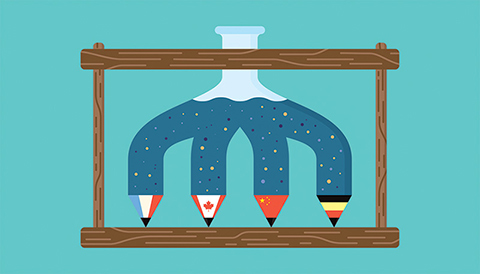 Illustration of a wooden frame with a tube in the middle, dividing and ending in four pencils depicting four national flags