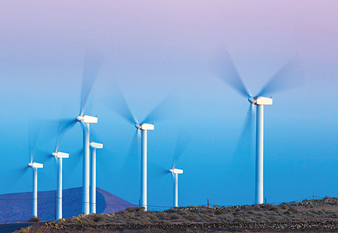 Photo of open field with an array of seven wind turbines