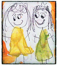 Drawing of two girls, one in a yellow dress and the other in a green dress