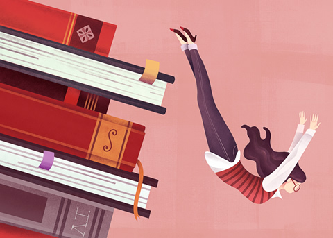 Illustration of a feminine figure diving off a stack of books.