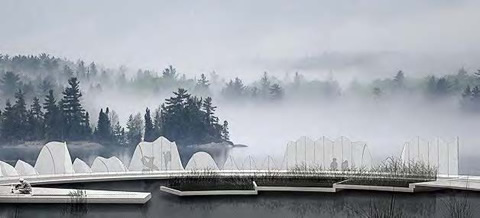 The "Closed Loop" hovers above a wetland or bog. Campers gain access by boat or on foot via a ramp. Tents are provided. Image by Lateral Office.