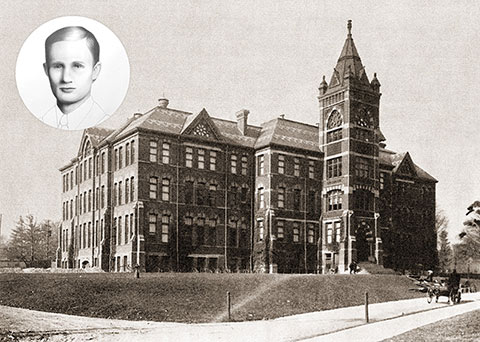 Black-and-white photo of U of T Engineering's first building with illustration of Erwin Hart