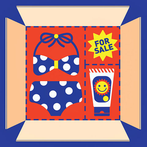 Illustration of an open box with a bikini set, sunscreen lotion bottle and 