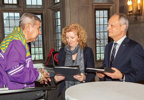 From left: Elder Andrew Wesley, Provost Cheryl Regehr, President Meric Gertler