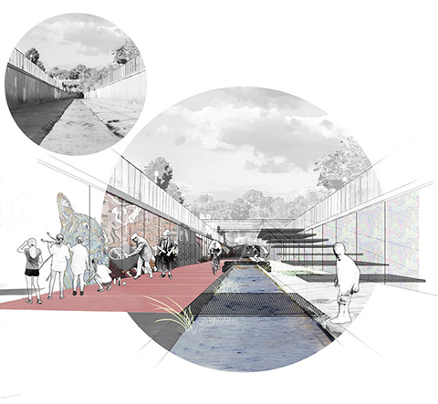 Artistic rendering of a section of the Black Creek Channel, with murals along the left wall, a bike lane alongside the ravine, and a stairway on the right