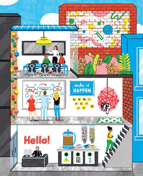 Illustration of a cross section view of a three-storey building. First floor: receptionist and a coffee station. Second floor: three people brainstorming on a whiteboard. Third floor: a conference room and an outdoor garden.