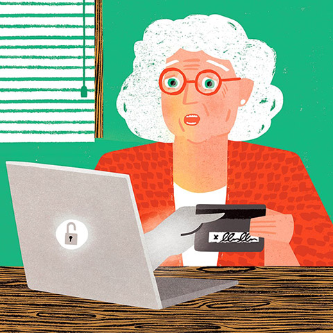 An elderly woman holding onto a credit card, while a hand reaches out of a laptop and holds the other end.