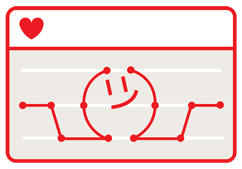 Illustration of a chart with a line graph in the shape of a smiling face and arms, and with a heart in the upper left corner.