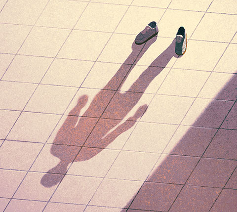 Illustration of a pair of shoes casting the shadow of a person.