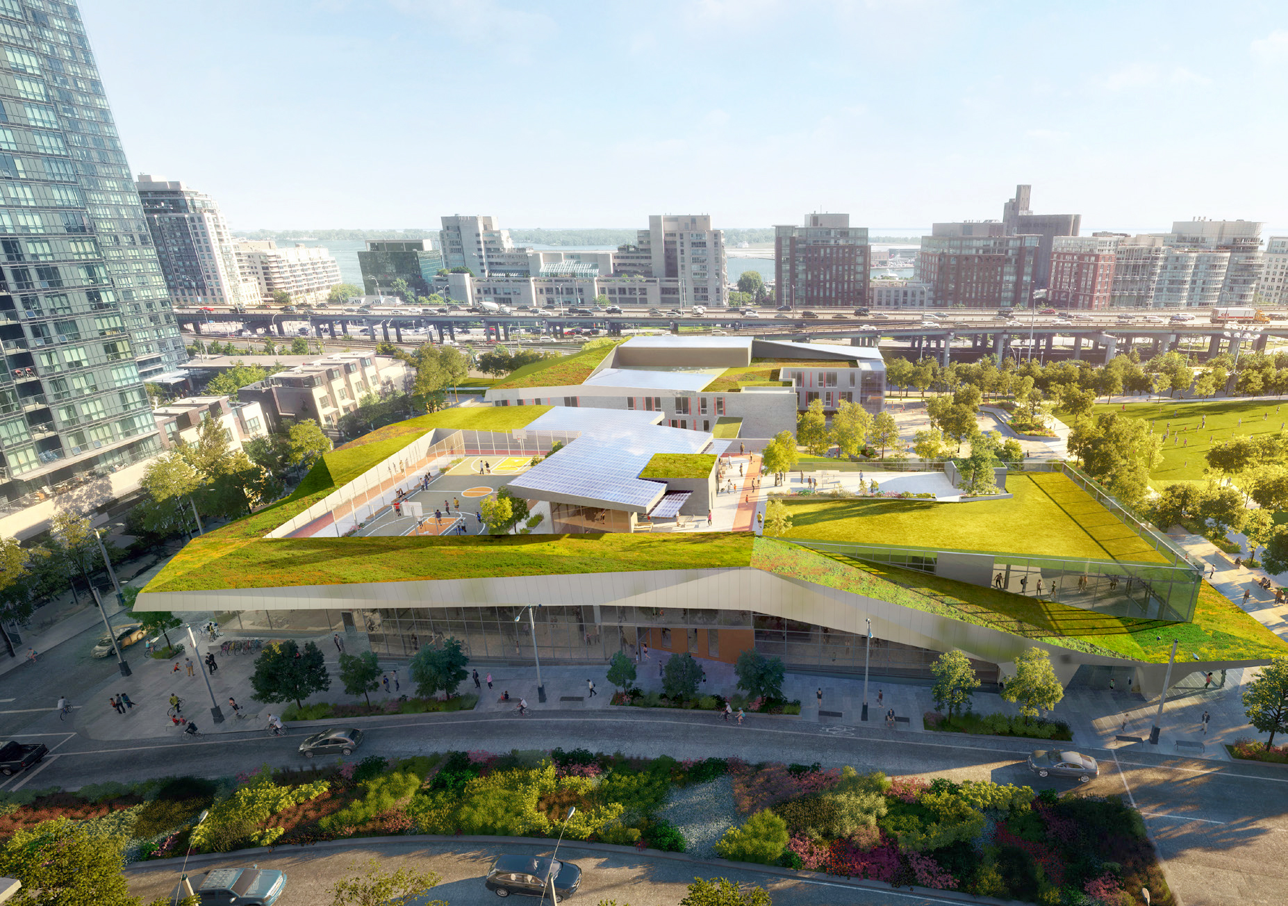 Digital rendering of Toronto's Canoe Park with it's new multiple level community centre