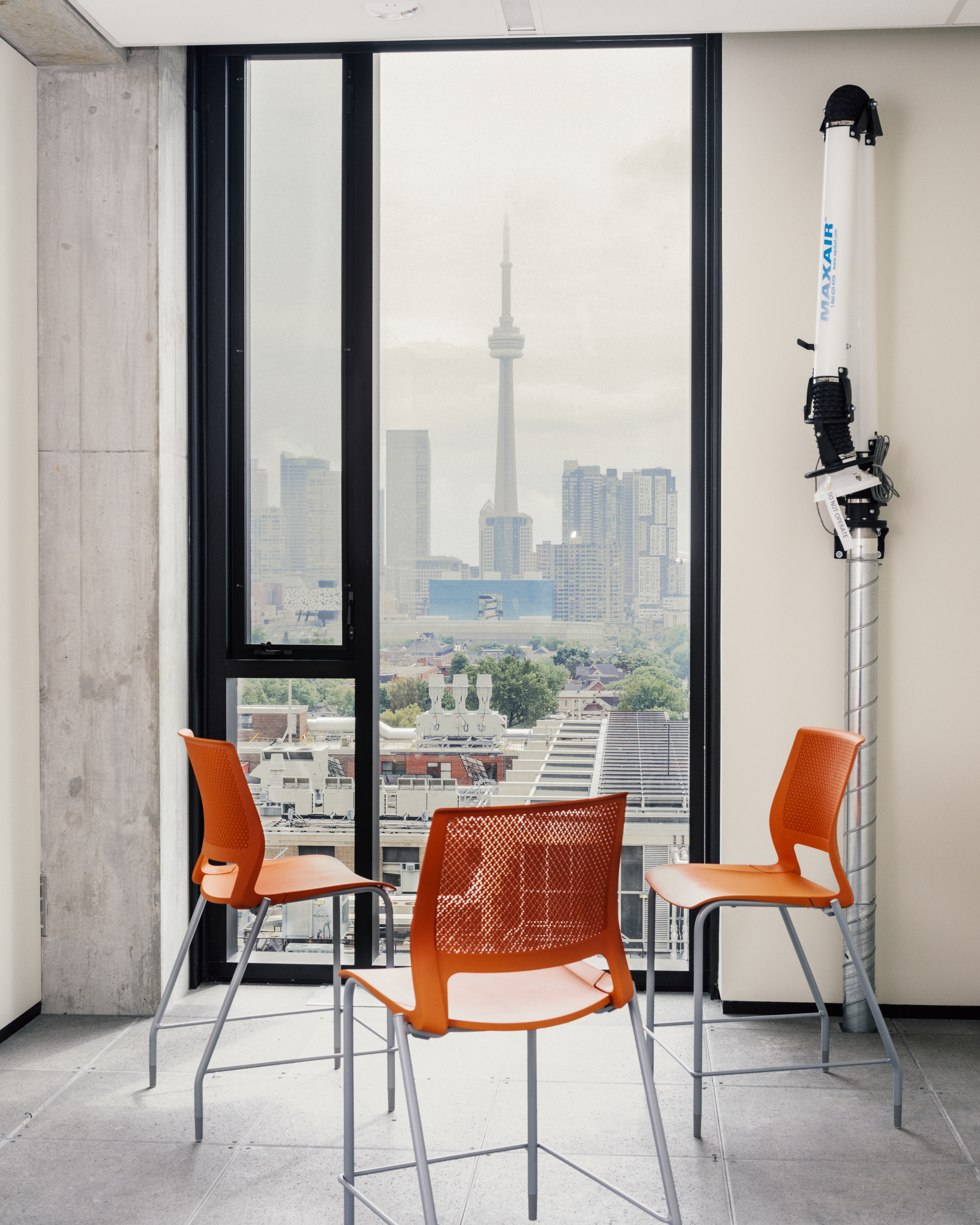 A photo looking out through an energy-saving window at U of T's Myhal Centre for Engineering Innovation and Entrepreneurship