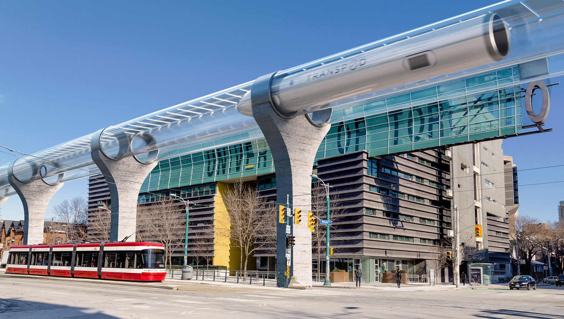 Rendering of what a TransPod might look like on Spadina Avenue in Toronto