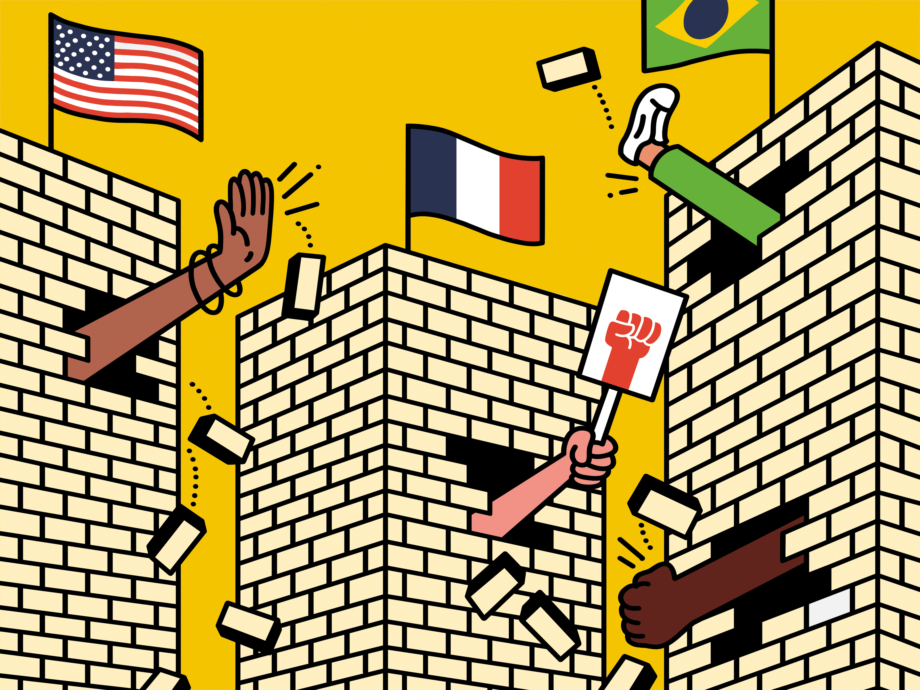 Illustration of brick walls with a number of national flags on them. Hands and feet are breaking through the walls in different directions.