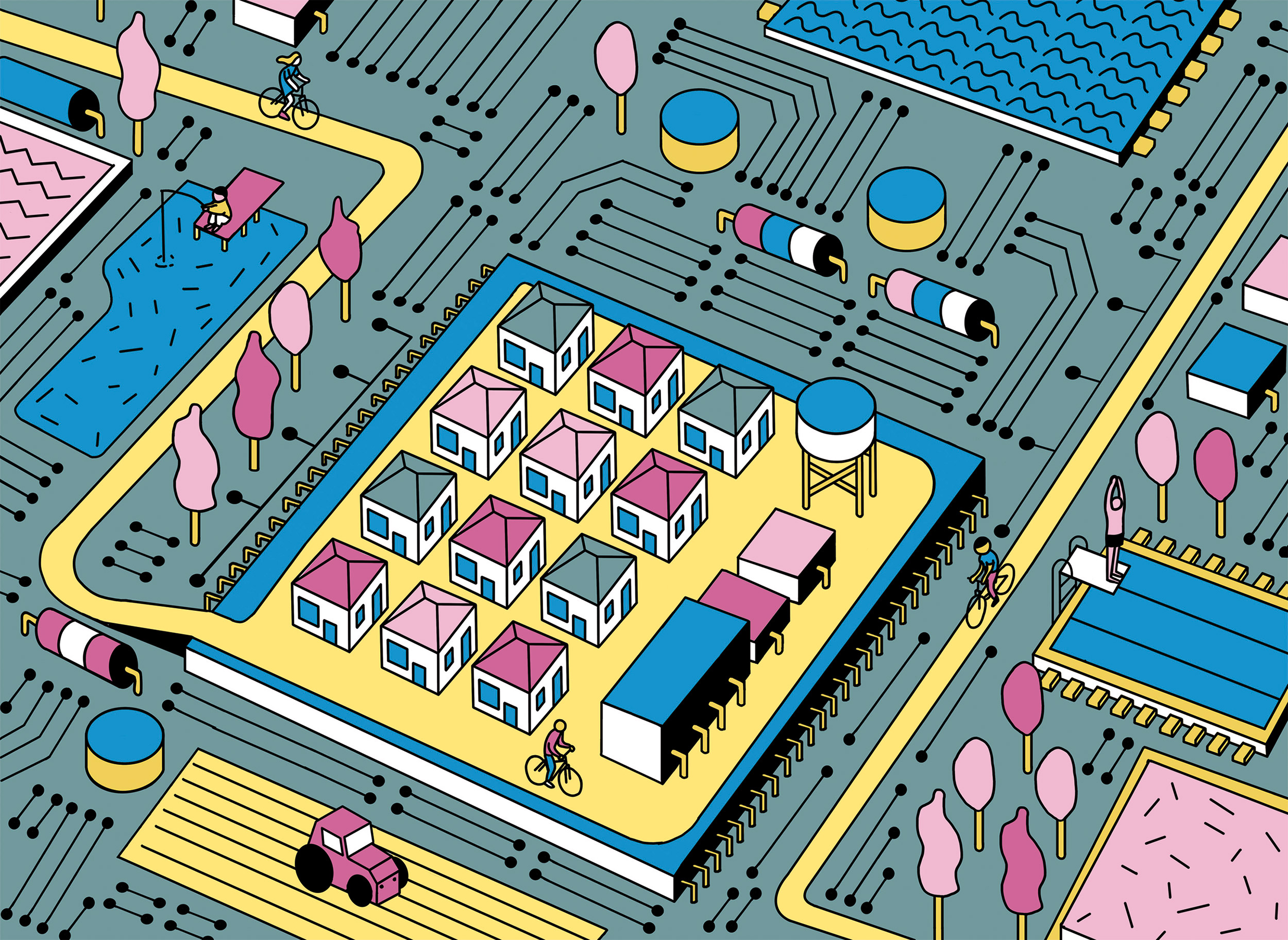 Neighbourhood of streets and houses on an electronic circuit board