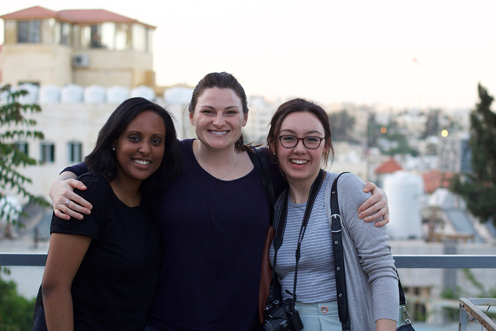 Elizabeth Assefa, Marin MacLeod and Natalie Boychuk posing for an outdoor photo in Jordan