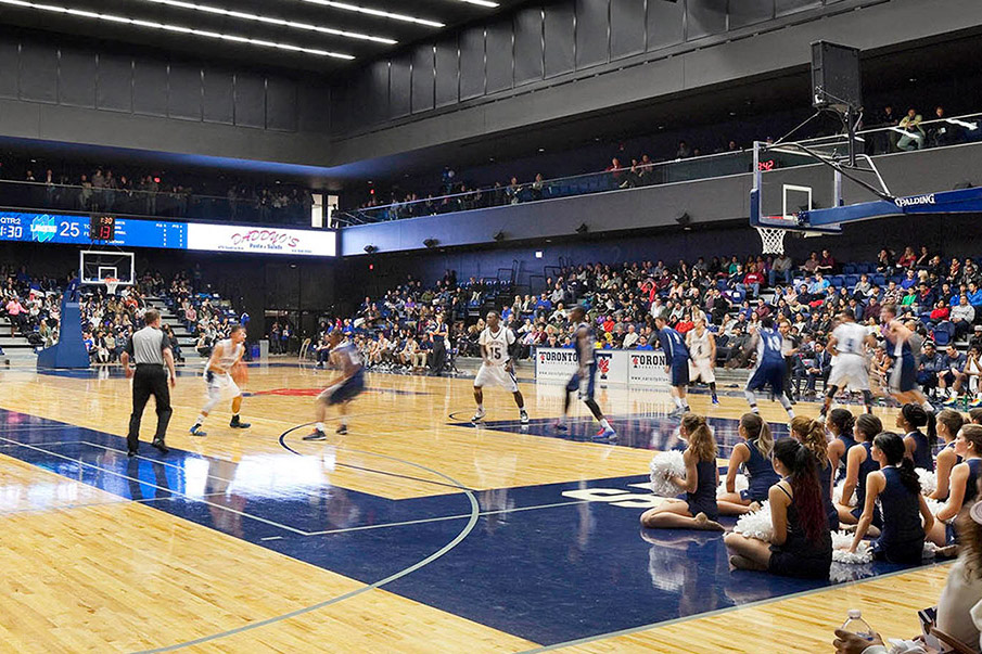 A basketball game in play at the Kimel Family Field House