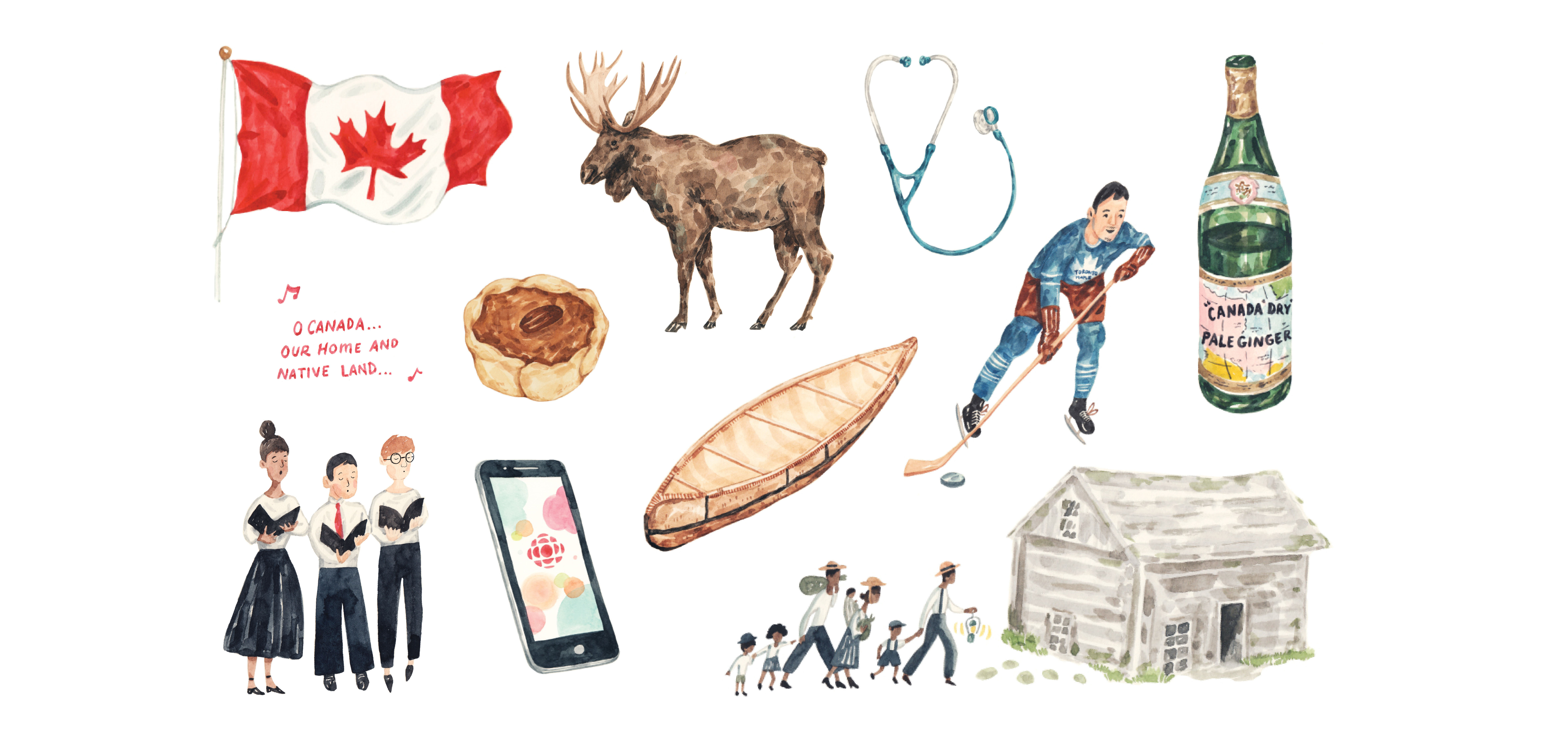 Illustrations of a Canadian flag, a moose, a stethoscope, a hockey player, a Black family heading toward a log cabin, a butter tart, a smartphone with the CBC logo, a birch bark canoe, and a choir singing O Canada