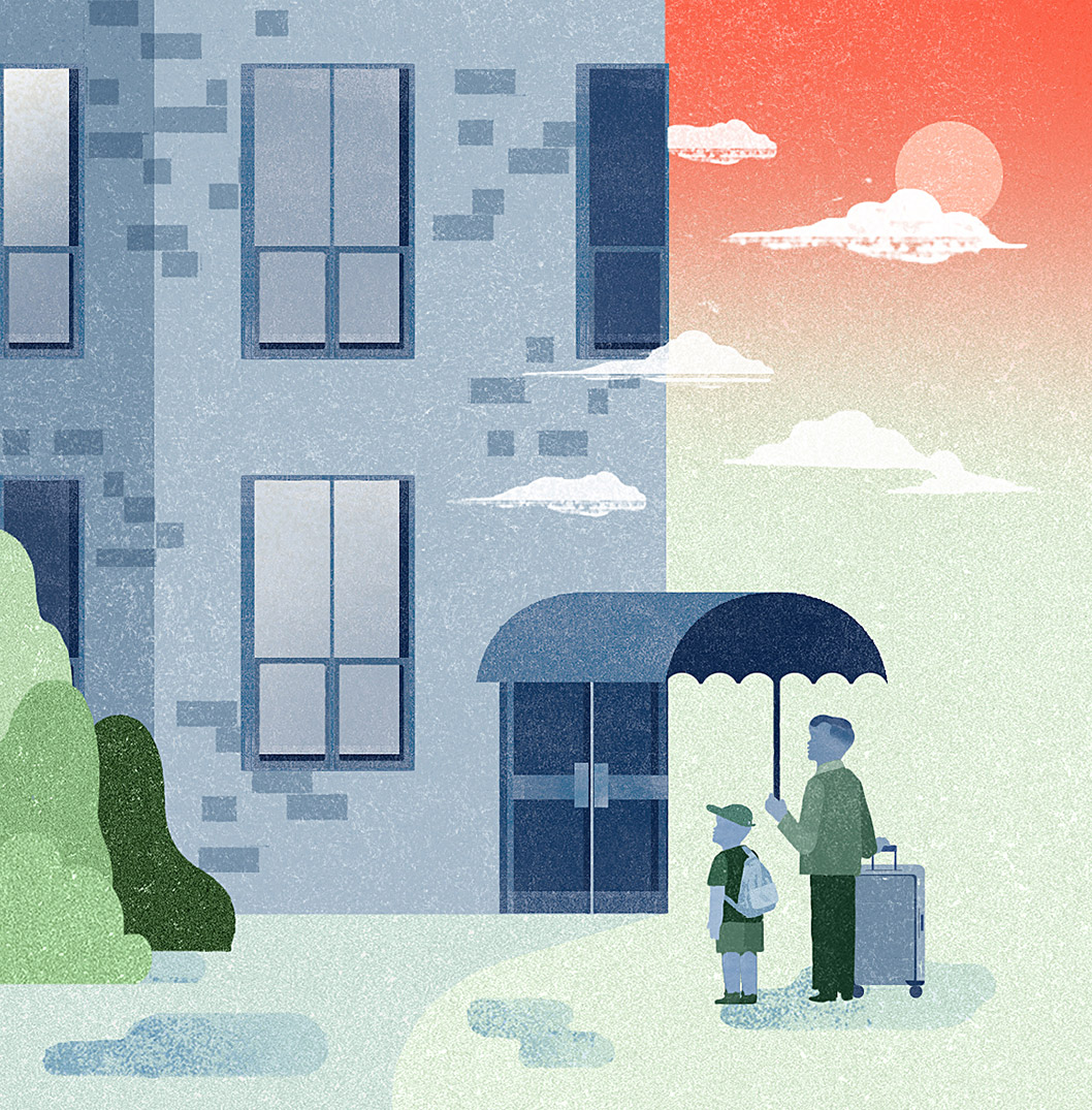 A father with a suitcase holding an umbrella over himself and his son, both of them looking at a residential building