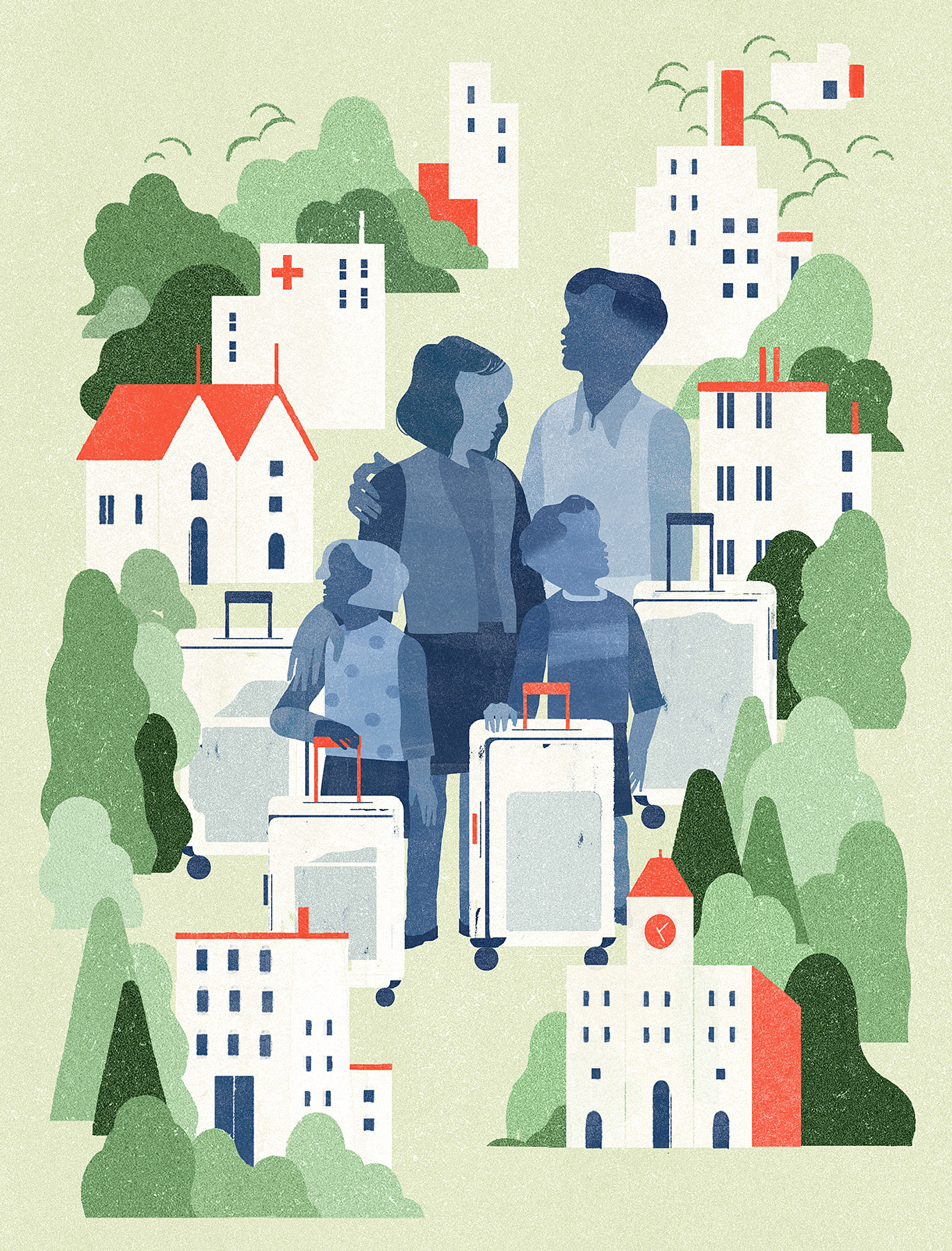 A couple and two children coloured in blue are standing at the centre with suitcases and surrounded by miniature-sized buildings and trees