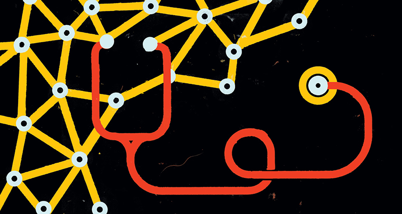 Illustration of intersecting yellow lines, as well as red lines in the shape of a stethoscope.