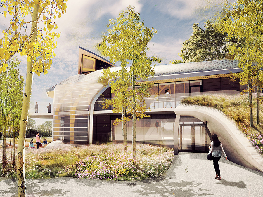 Artist rendering of the Indigenous House and the surrounding trees and grass