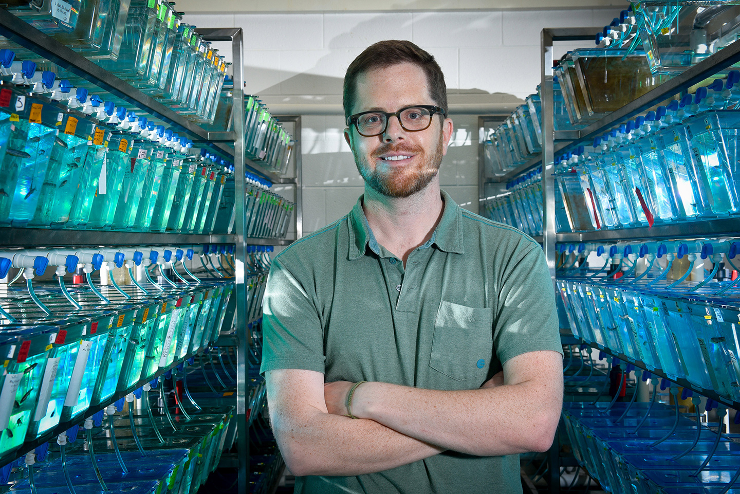 Prof. Tod Thiele (centre) and rows of aquariums along either side