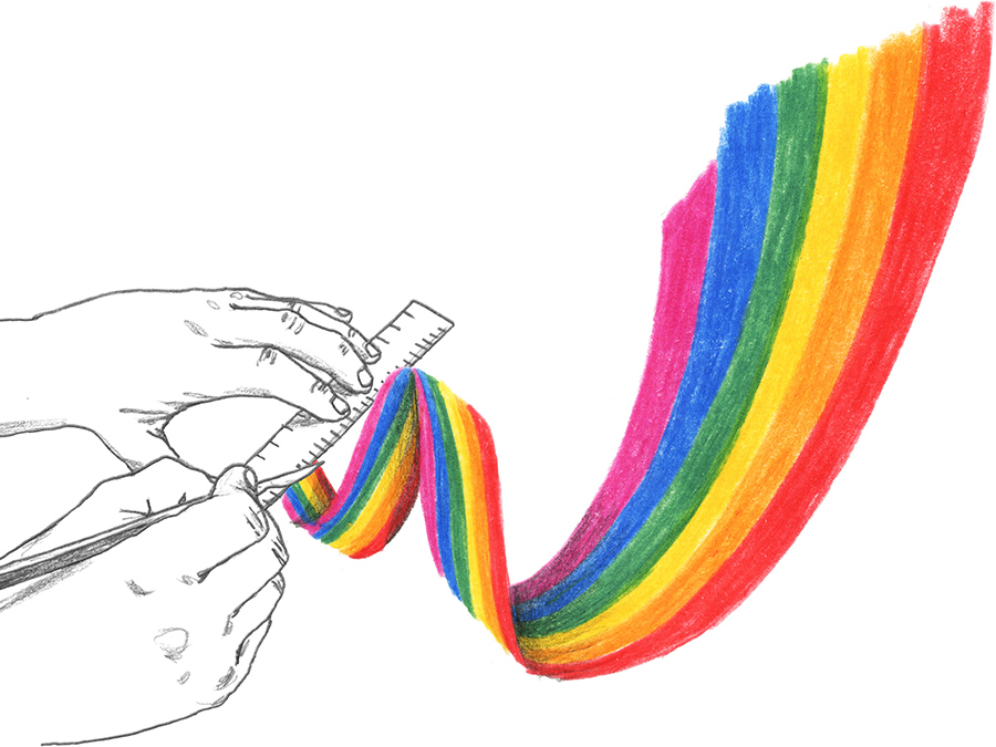 A pair of hands in black and white, holding a ruler against a ribbon of rainbow and cutting it with a paper cutter knife