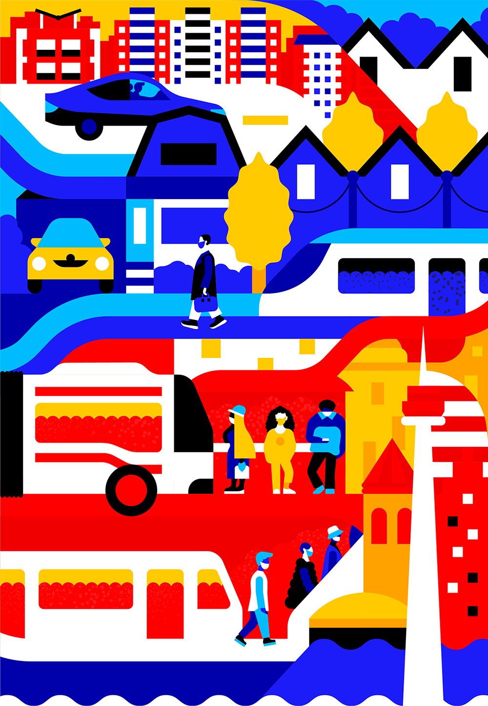 Illustration of people in different areas of Toronto driving a car, walking, boarding a bus and departing from a subway train