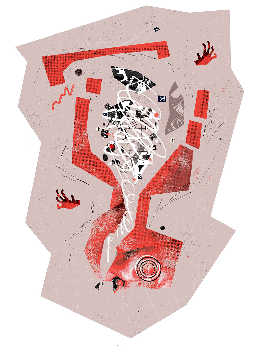 Abstract illustration of a red coloured body, face and hands upside down, with black and white bits and spirals inside