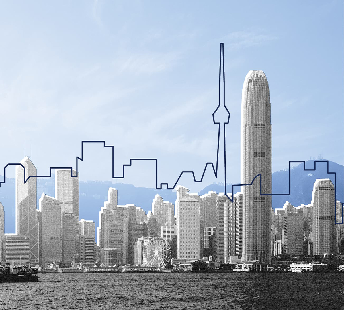 Hong Kong harbour skyline in black and white with an outline of the Toronto skyline overlaying it