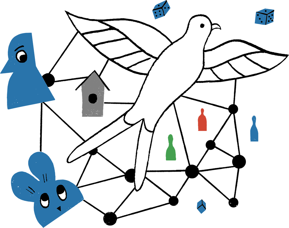 Collage of small circles connected by lines, a large bird, a rabbit, game pieces and dice