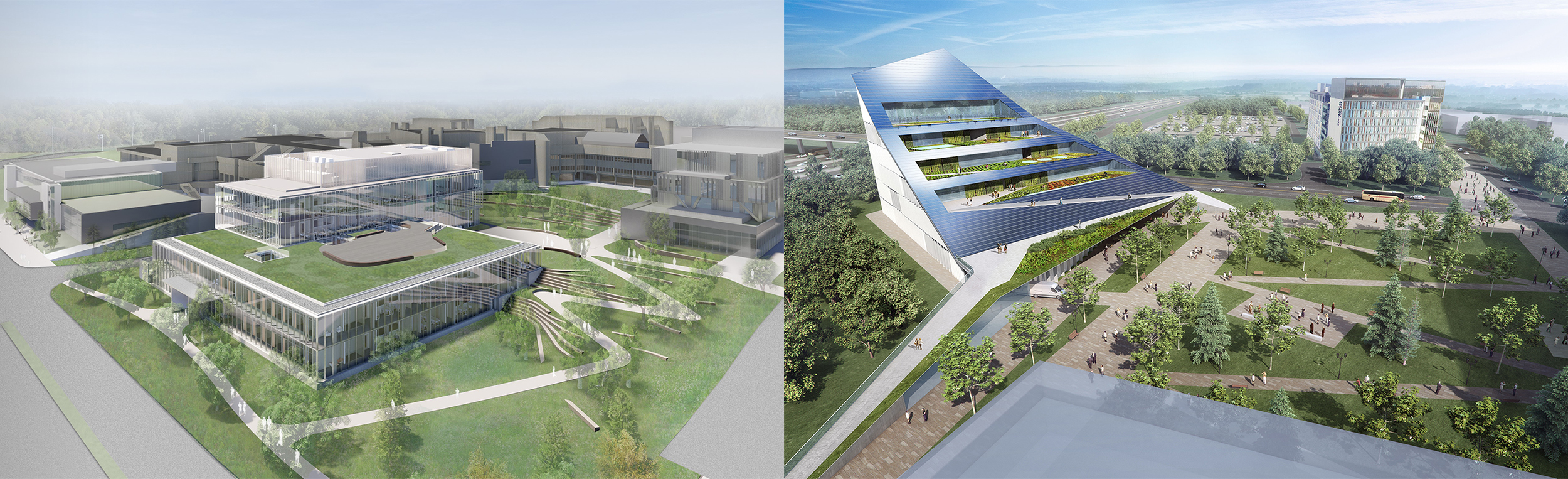 Renderings of the top and sides of the UTM Science Building on the left and a U of T Scarborough vertical farm on the right, both surrounded by grass and trees