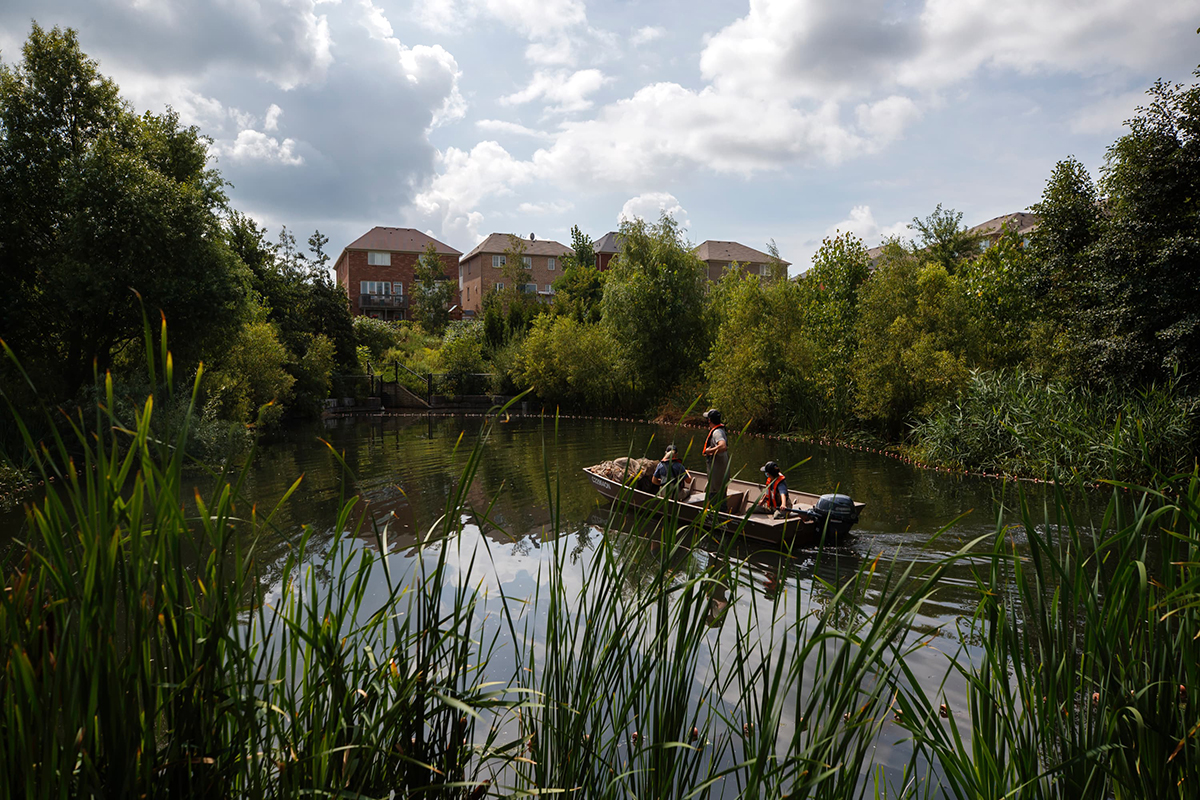 Researchers in a boat travelling along a pond