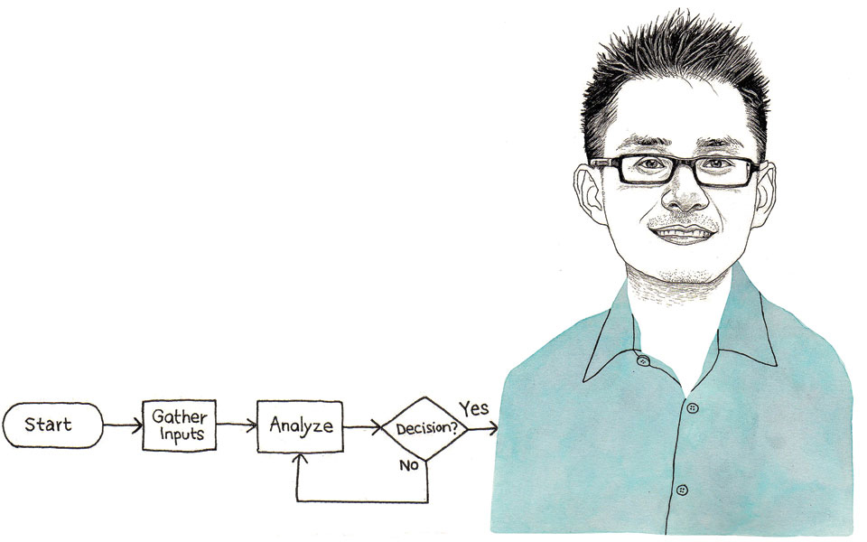 Illustration of Chen-Bo Zhong with a flow diagram beside him